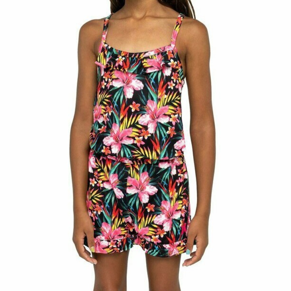 HURLEY Girls Kids Pink Floral Halter Ruffle Romper One Piece Large 14-16